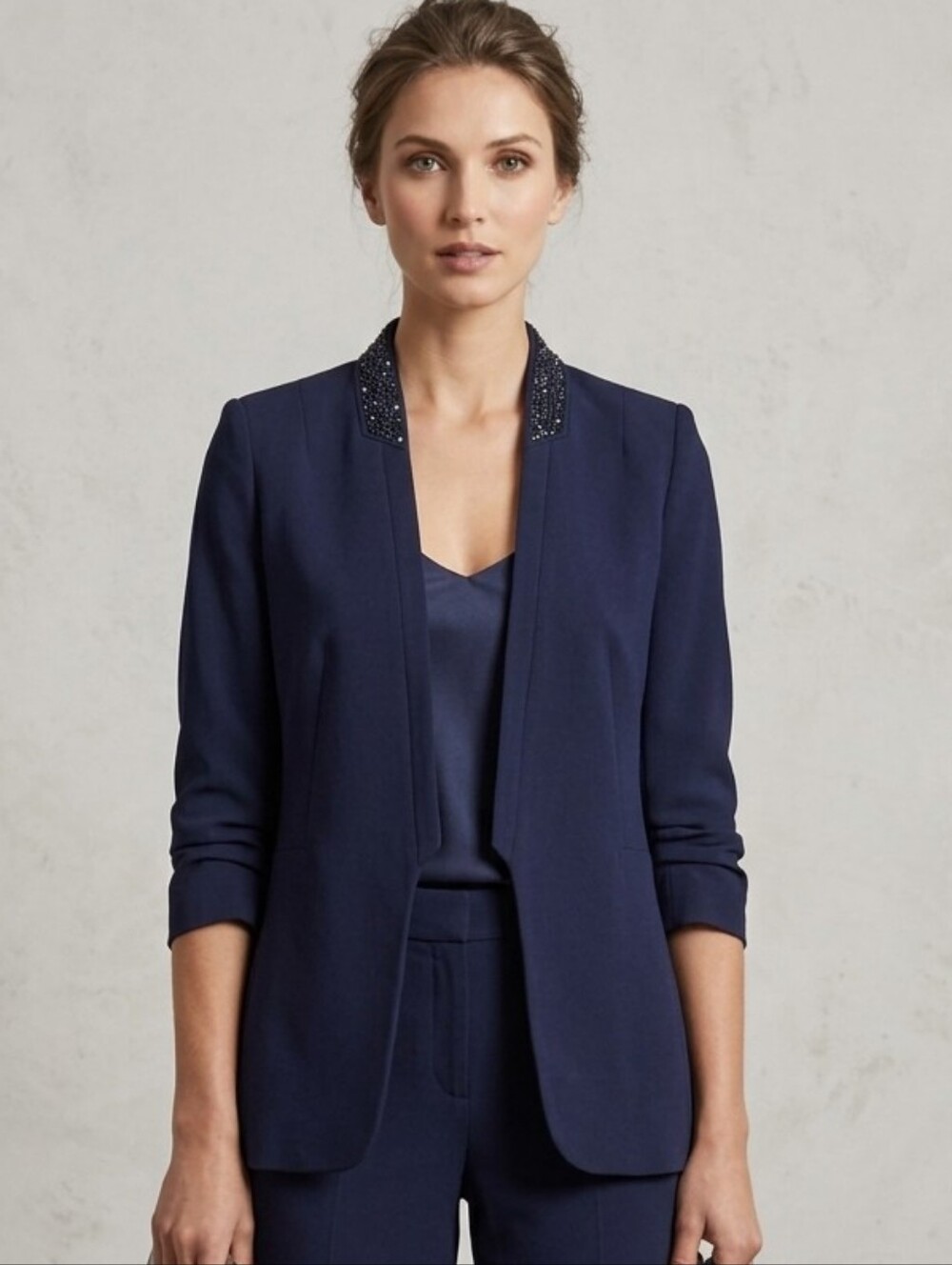 Women's Navy Blue Beaded Embellished Open Front Tailored Evening Blazer Small